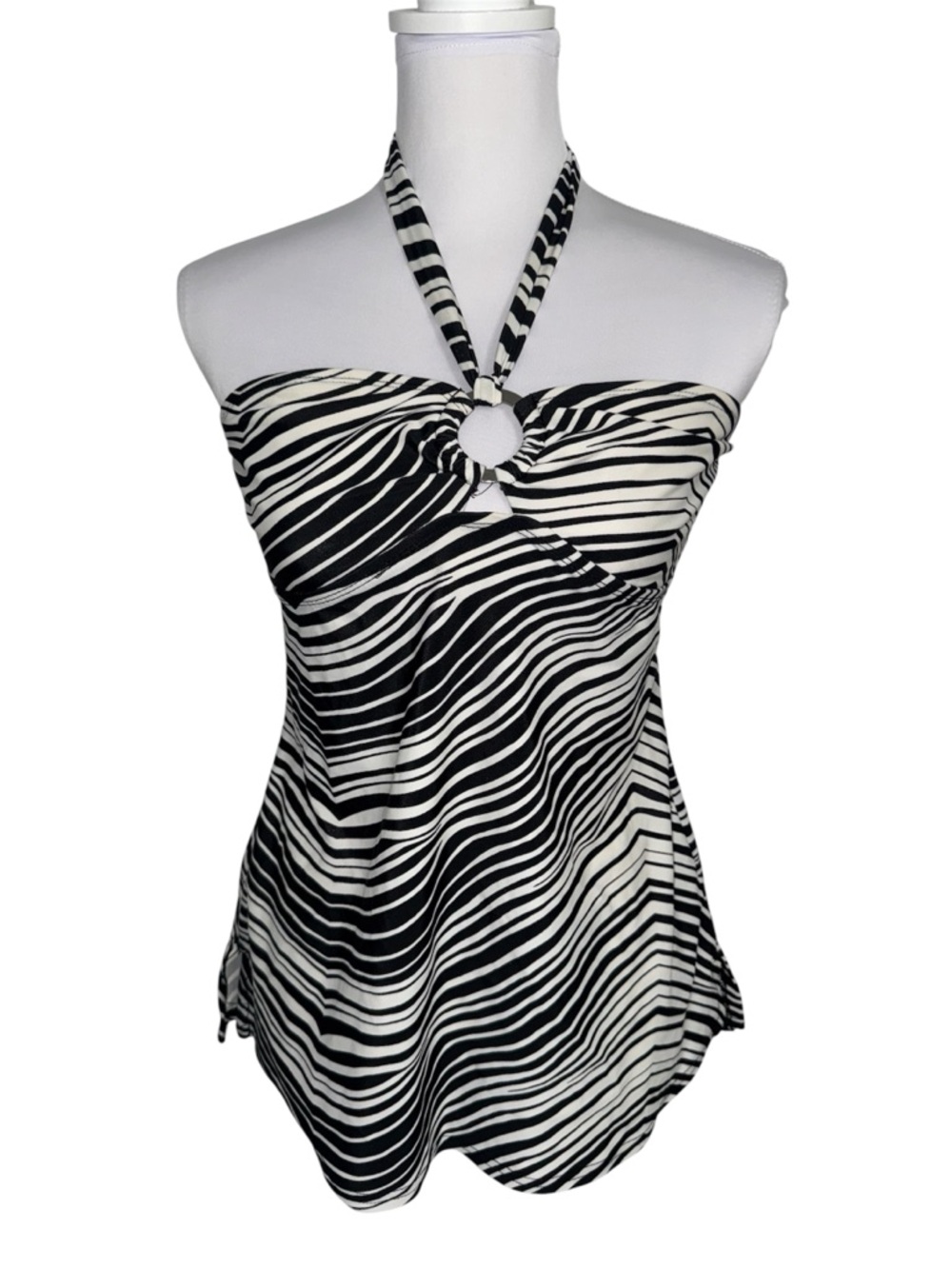 Mix It Swim Zebra Print Halter Tankini Top Ring Front Black White‎ L Y2K